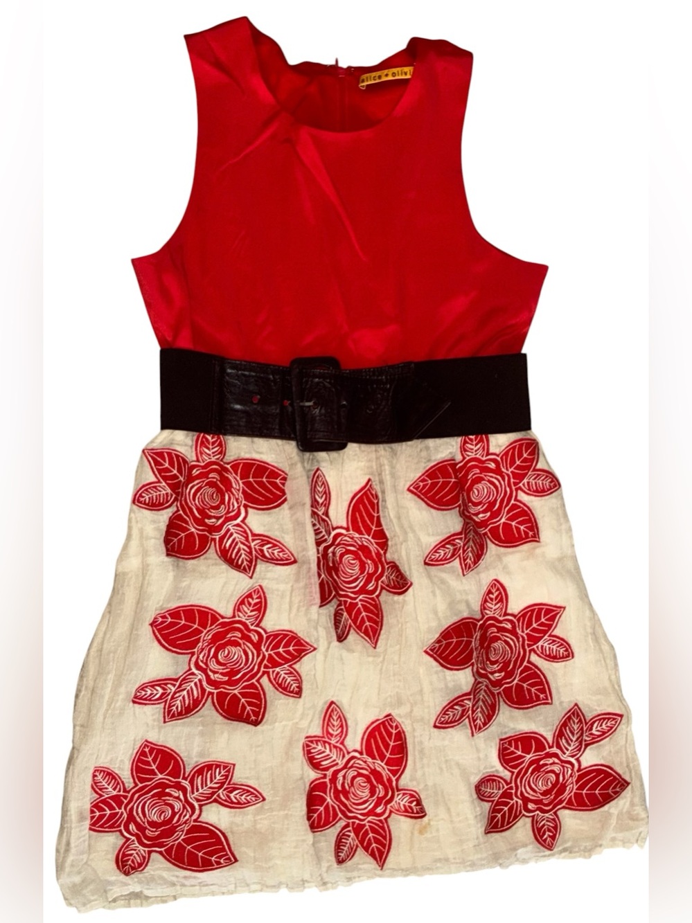 Alice + Olivia Red Floral Dress Small Belted Sleeveless EUC